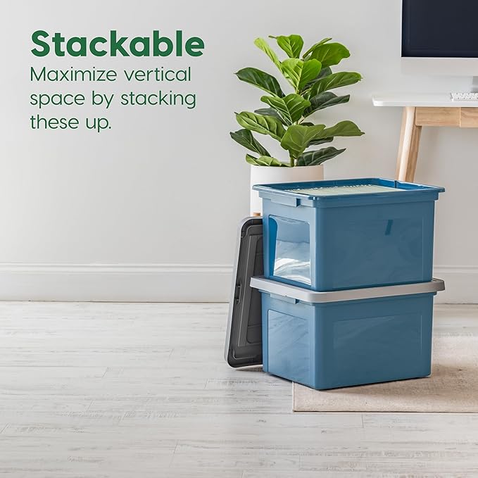 IRIS USA File Box Plastic File Organizer for Letter/Legal File Document Box Durable Storage Bin Tote with Secure Latching Lid Stackable BPA-Free Eco Friendly Sustainable Navy/Gray 35 Qt. 4 Pack