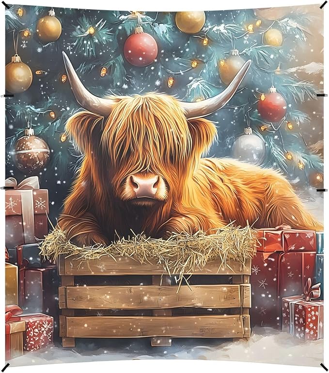 ALAZA Christmas Tree Highland Cow Beach Tent Sun Shelter Portable Canopy Sunshade for Outdoor Camping Picnics Backyard Fun 10x9 ft