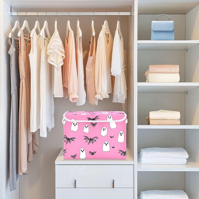 Cute Halloween Bats Storage Cube Bins Basket with Lid Collapsible Flip-top Fabric with Handle for Home Bedroom Closet Office 16.5×12.6×11.8 in