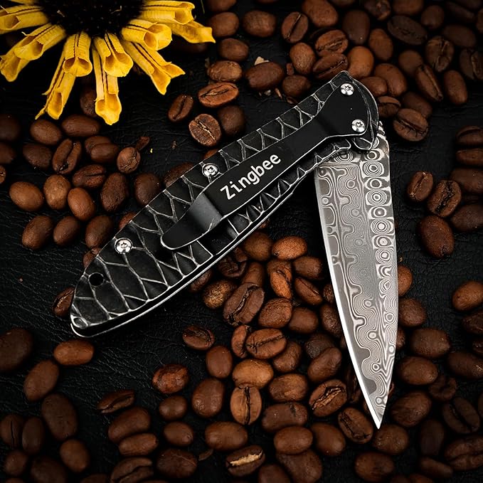 Zingbee Damascus Pocket Knife 2.87 Damascus Blade Folding Knives with Stainless Steel Handle EDC Knife for Camping Hiking Hunting Gift