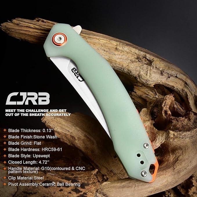 CJRB Small Folding Pocket Knife with Stonewash AR-RPM9 Steel Blade and G10 Handle Tactical Knife for Men Womens EDC Outdoor Survival Camping Hunting Hiking Gobi(J1906) Natural Green