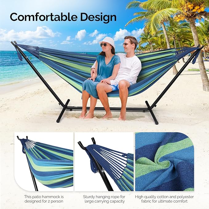 ONCLOUD Heavy Duty 550 LBS Double Hammock with Stand Included with Portable Carrying Bag Upgraded 2 Person Hammock with Frame for Outdoors &amp Indoors Series TDCTZ2 - Blue Green Stripe