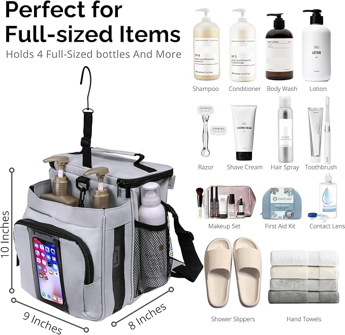 TERRA HOME Portable Shower Caddy Bag- Large Capacity Quick Dry with Metal Hook - Hanging Shower Bag - Breathable Mesh Toiletry Shower Tote for Gym and College Dorm (Grey Extra Large)