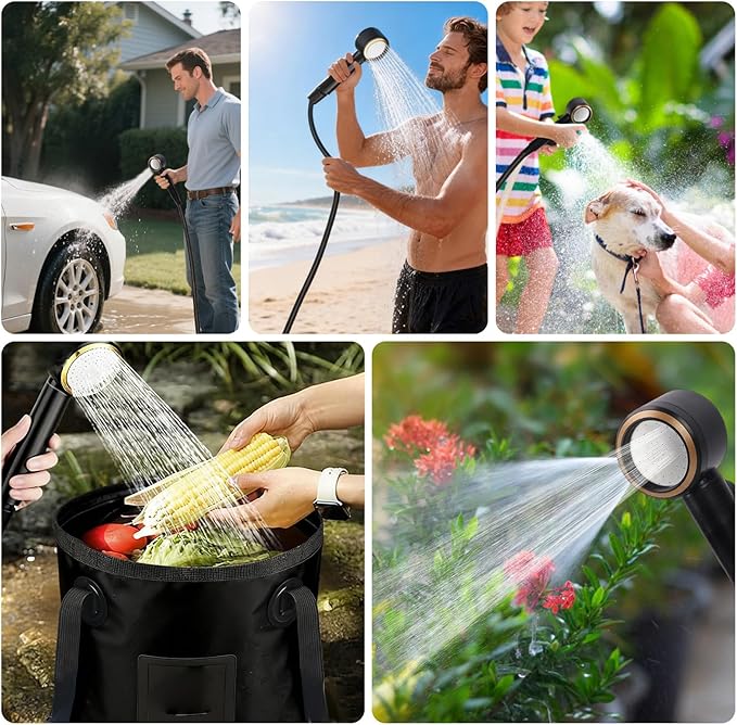 Drfeify Portable Shower Pump Camping Shower Light Pump 5 Levels Rechargeable 20L Foldable Bucket LED Display for Camping Hiking Travel Car Use