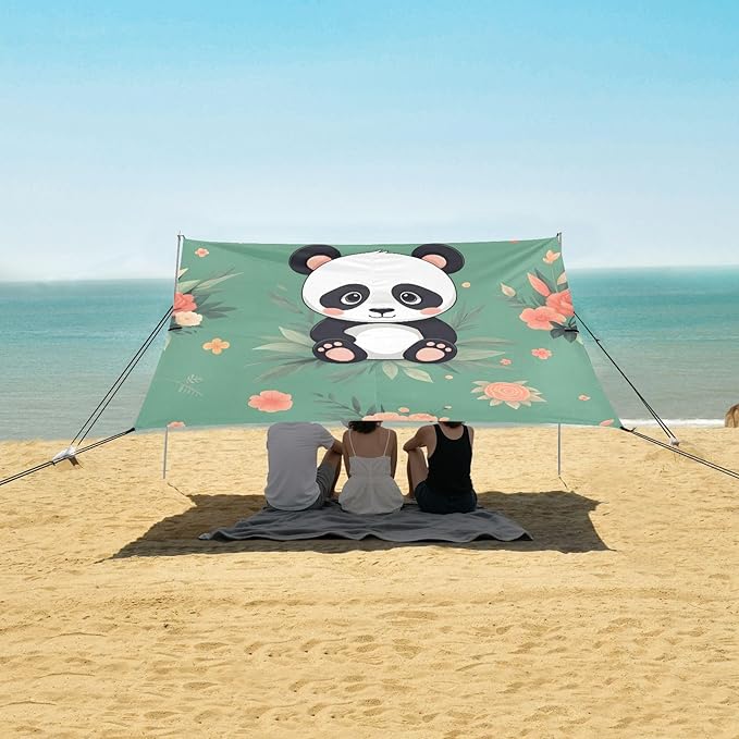 Cartoon Panda Beach Tent Sun Shelter Set UPF50+ UV Protection 10.5 x 9.19 FT Camping Shade Canopy with Sandbags Sand Anchors Carrying Bag and Others