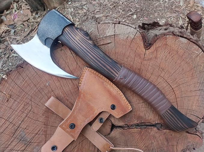 Kacha Store | Custom Handmade Viking Medieval Axe with GiftHand AxesViking Gifts for MenCamping TomahawkBeardedValhalla Ax with Leather Sheath (Battle)