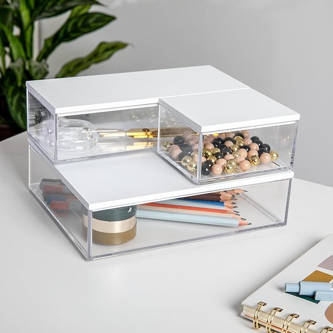 Martha Stewart Brody Plastic Storage Organizer Bins with Engineered Wood Lids for Home Office-Kitchen or-Bathroom 3 Pack 1-Small/1-Medium/1-Large Clear/White