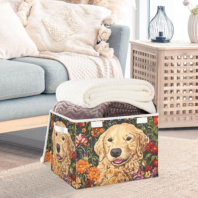 Storage Cube with Lid Labrador Floral Print 16.5×12.6×11.8 IN Collapsible Large Capacity Foldable Storage Basket Bin Organizer