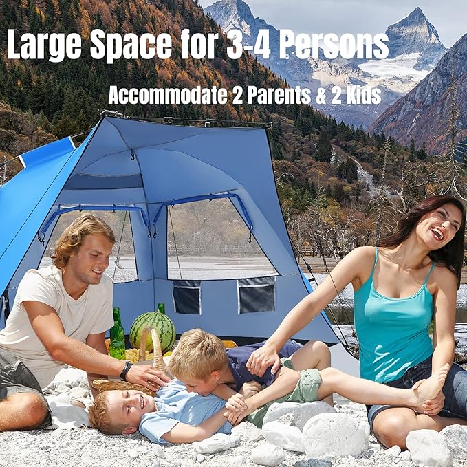 Tangkula 3-4 Person Easy Pop Up Beach Tent UPF 50+ Portable Sun Shelter w/ 3 Ventilation Windows Zippered Front Porch 4 Storage Pockets &amp Carrying Bag Instant Beach Sun Shade with 8.5mm Rod