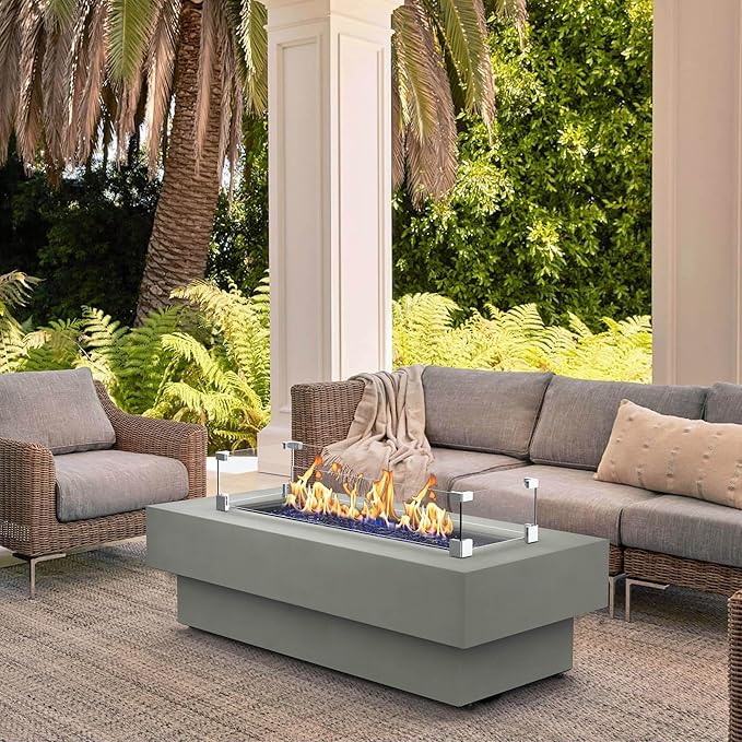 48-inch Fire Table with Natural Gas Conversion Kit &amp Wind Glass Shield 50000BTU Outdoor Modern Patio Fire Pit Table w/Rectangular Burner Lid Glass Rocks Cover