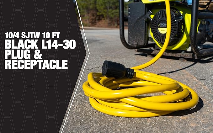 Southwire Generator Cord - 10-Gauge Heavy Duty Electrical Power Cable with L14-30 Locking Plug &amp Receptacle - Dual Voltage 125V/250V - Molded Connectors - Weather Resistant - Yellow &amp Black -