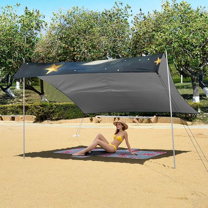 ALAZA Sloth Sleeping on The Moon Stars Beach Tent Sun Shelter Portable Canopy Sunshade for Outdoor Camping Picnics Backyard Fun 10x9 ft