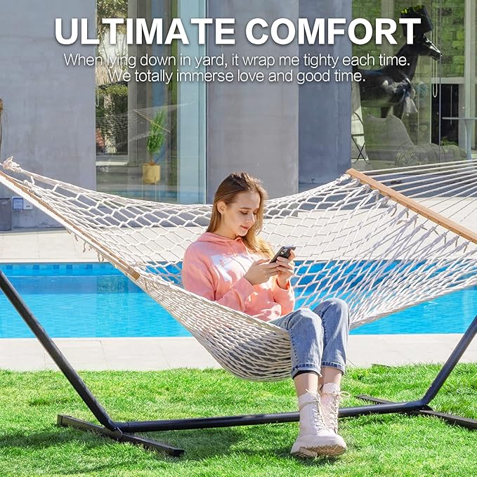PNAEUT Double Rope Hammock with Stand Included 12ft Heavy Duty Stand 2 Person Traditional Cotton Rope Hammocks with Pillow for Outside Porch Patio Backyard Outdoor Max 475lbs Capacity (Burlywood)