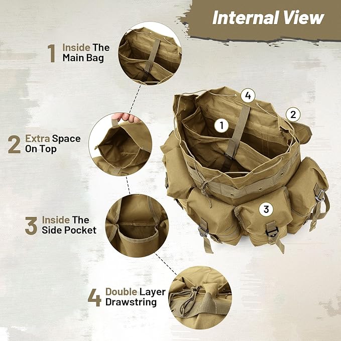 50L Military Alice Pack Army Survival Combat ALICE Rucksack Backpack for Men &amp Women for Camping Hiking Emergency Khaki
