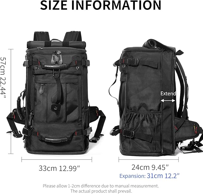 YOUMIAN Large Capacity For Travel Hiking Sports Carry On Backpack Durable Convertible Duffle Bag Laptop airplane (Black 60L-Large DualMainOpening)