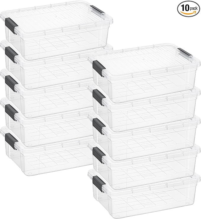 Superio Clear Storage Box with Lid 13.7 Qt Plastic Container Bins for Organizing Stackable Crates BPA Free Non Toxic Odor Free Organizers for Home Office School and Dorm 10 Pack