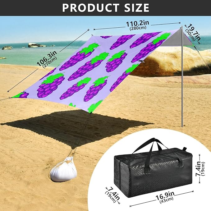 xigua Grape Beach Tent Sun Shelter with Carrying Bag - Silver Coated Oxford Fabric Beach Canopy for Beach Camping Fishing - Includes Windproof Ropes Sandbags &amp Stakes