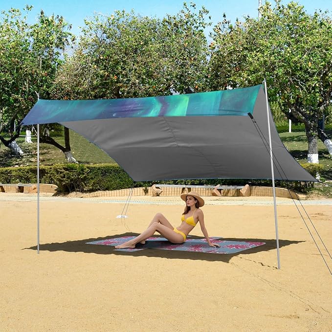 ALAZA Husky Polar Lights Beach Tent Sun Shelter UPF50+ Protection Beach Shade Canopy w/ 4 Sandbags for Outdoor Camping Fishing Backyard Fun Picnic 10x9 ft
