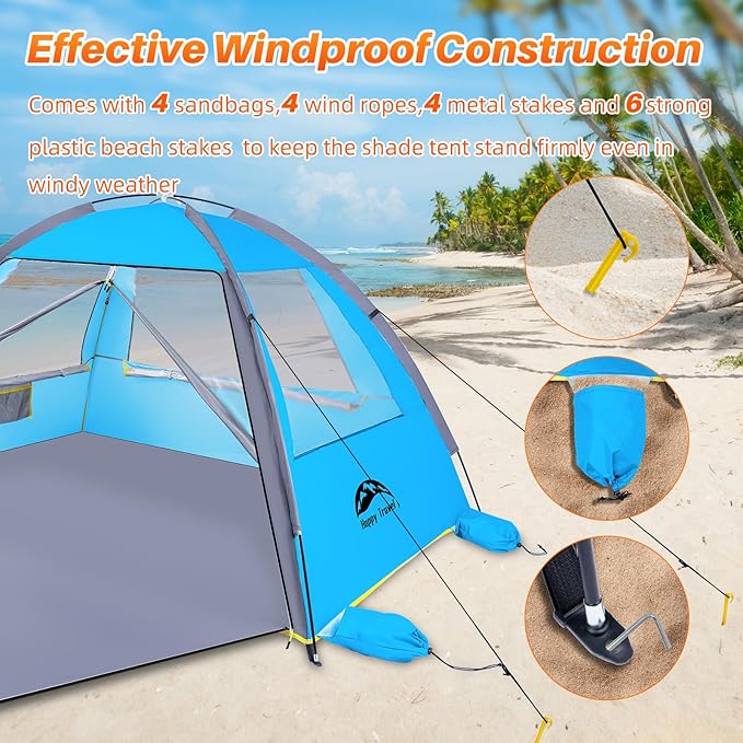 Happy Travel Beach Tent UPF 50+ UV Protection Sun Shade Shelter for 3/4/5/6/7/8 Person Portable Beach Canopy for Family &amp Baby Lightweight &amp Easy Setup Beach Cabana with 3 Ventilation Mesh