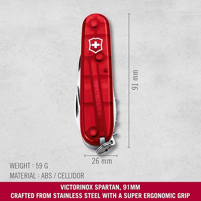 Victorinox Spartan Swiss Army Knife 12 Functions Swiss Made Pocket Knife with Corkscrew Can Opener and Screwdriver - Ruby