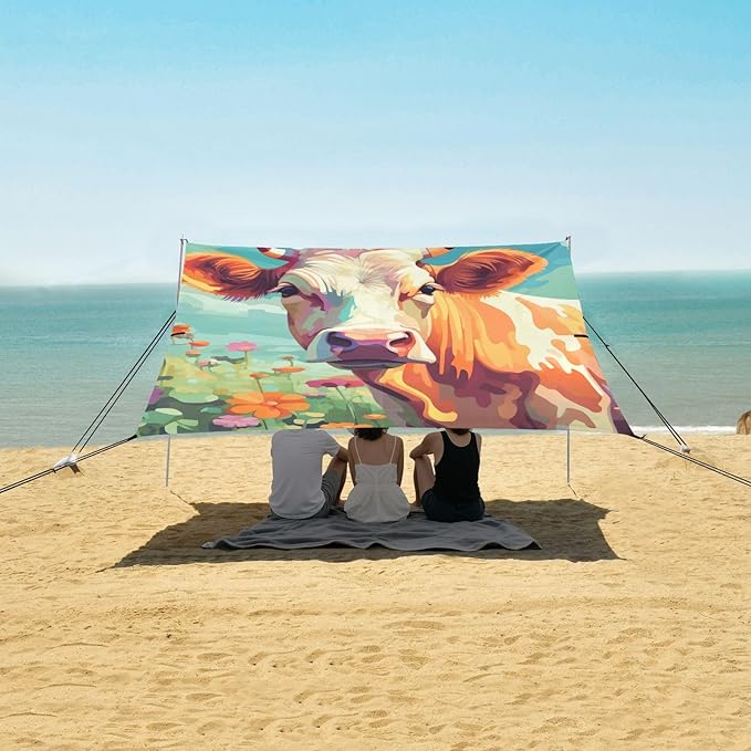 ALAZA Cow on A Green Summer Meadow Beach Tent Sun Shelter Portable Canopy Sunshade for Outdoor Camping Picnics Backyard Fun 10x9 ft