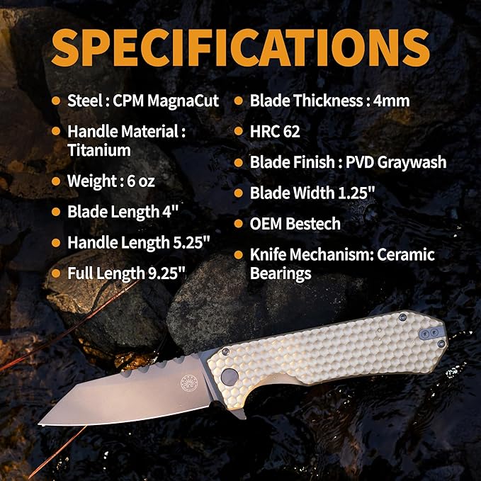 Off-Grid Knives - MAMBA V3 Large EDC Knife with MagnaCut Blade Steel Titanium Scales and Hardware Manual Ball Bearing Flipper Four Finger Grip Deep Pocket Carry (Coyote Gold)