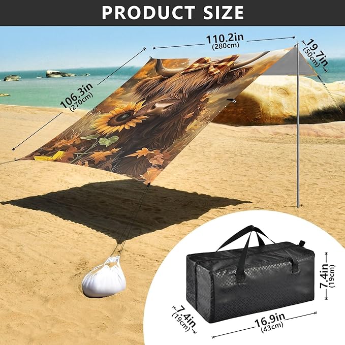ALAZA Autumn Theme Highland Cow Beach Tent Sun Shelter Portable Canopy Sunshade for Outdoor Camping Picnics Backyard Fun 10x9 ft