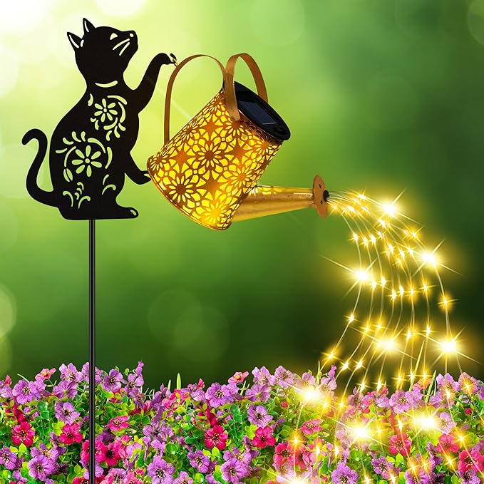 Solar Lights Outdoor Decorative Watering Can with Cascading Lights with Cat Silhouette Garden Stakes Gifts for Mom Women Waterproof Metal Garden Decor for Yard Art Outside Patio Lawn Ornaments