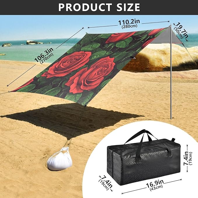 ALAZA Red Rose Flowers Beach Tent Sun Shelter UPF50+ Protection Beach Shade Canopy w/ 4 Sandbags for Outdoor Camping Fishing Backyard Fun Picnic 10x9 ft