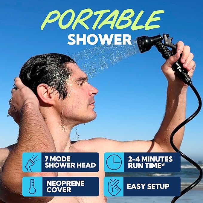 SUN NINJA Portable Shower Camping Shower with 7 Mode Shower Head Neoprene Cover Helps Keep Water Warm High Pressure Hose Easy to Carry