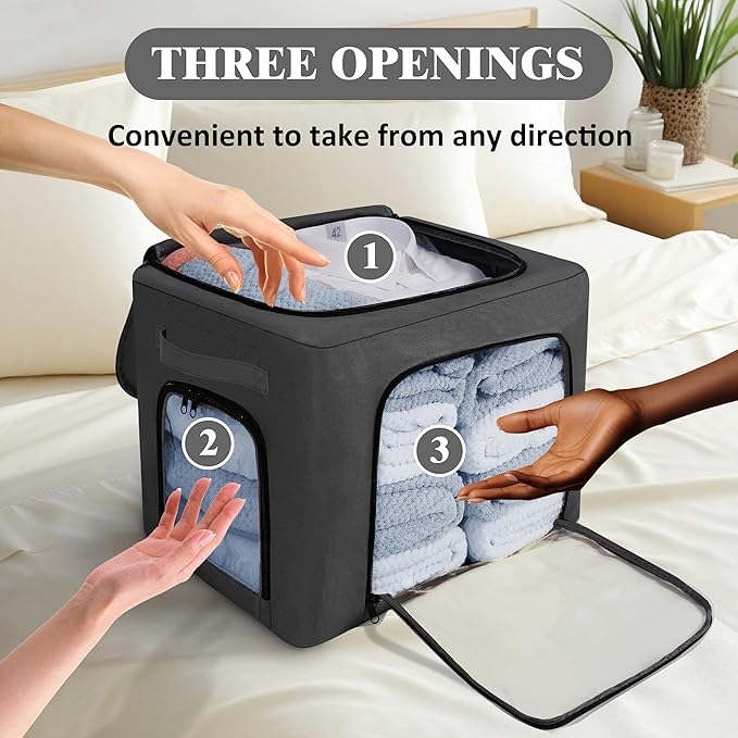 GuliPostan 3 Pack 40L Stackable Clothes Storage Bins with Metal Frame Handles &amp Zipper Collapsible Closet Organizer Box with Lid for Bedding Blankets Towel (Black)