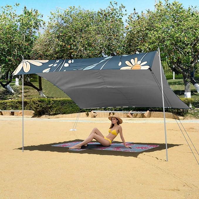 ALAZA Hand Drawn Elegant Daisy Floral Beach Tent Sun Shelter Portable Canopy Sunshade for Outdoor Camping Picnics Backyard Fun 10x9 ft