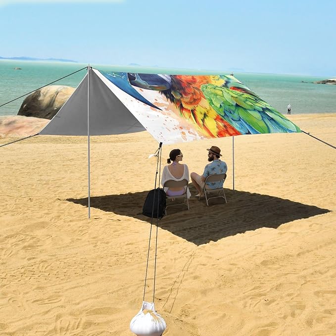 ALAZA Parrot Portrait Watercolor Beach Tent Sun Shelter UPF50+ Protection Beach Shade Canopy w/ 4 Sandbags for Outdoor Camping Fishing Backyard Fun Picnic 10x9 ft