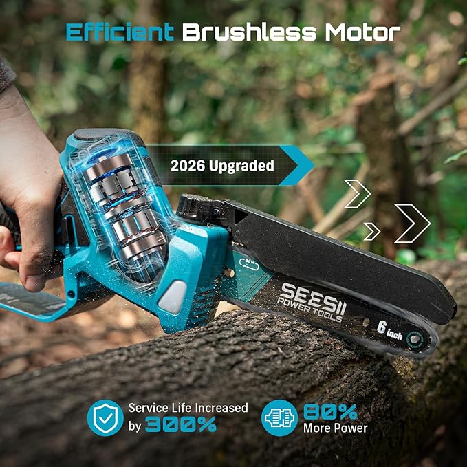 SEESII Brushless Mini Chainsaw 6 Inch Handheld Saw with 2 * 2000 mAh Batteries Cordless Chainsaw with Automatic Oiler Compatible with Makita 18V Battery Electric Saw for Tree Limb Branch Cutter