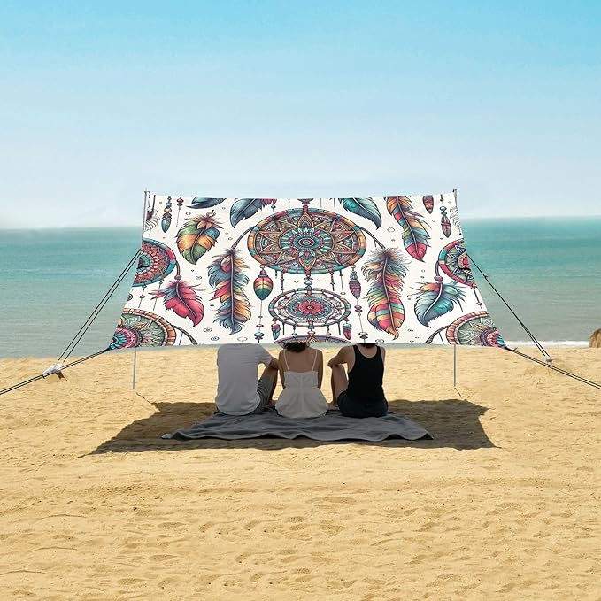 ALAZA Dreamcatcher Boho Beach Tent Sun Shelter UPF50+ Protection Beach Shade Canopy w/ 4 Sandbags for Outdoor Camping Fishing Backyard Fun Picnic 10x9 ft