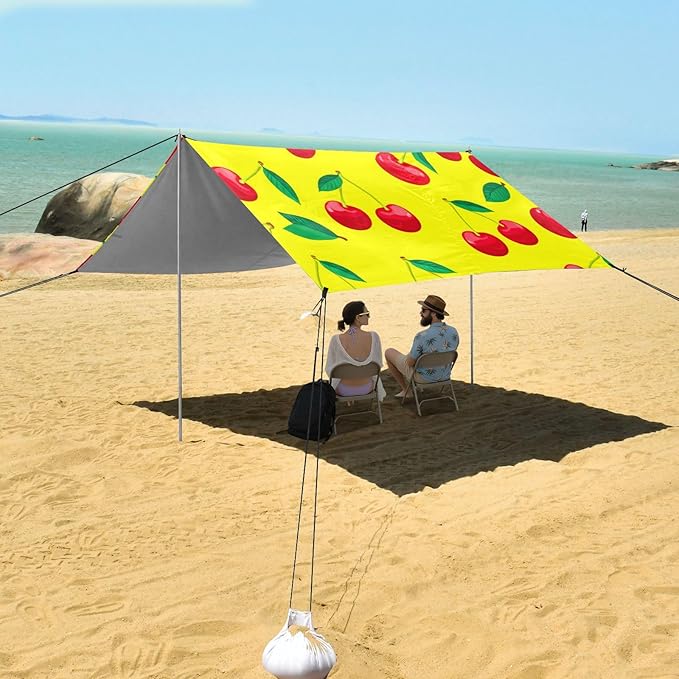 Beach Canopy with Windproof Ropes &amp Sandbags Beach Tent Sun Shade Sun Shelter for Camping Trips Fishing Backyard Fun or Picnics Red Cherries