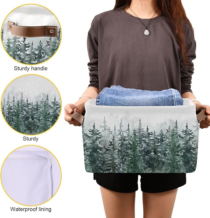 Winter Pine Forest Tree Storage Basket with Waterproof Liner and PU Handles Christmas Snow Scene Storage Bins Boxes 14.2 Collapsible Decorative Organizer Baskets for Bedroom Closet Office 2 Pack