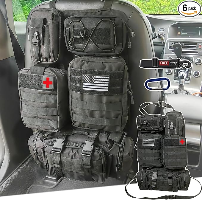 6 Pack Tactical Molle Car Seat Back Organizer Tactical Vehicle Panel with 5 Detachable Molle Pouch for Car Truck Ford Jeep VehicleUS Patch Automotive Organizer For Man (5 Pouches)