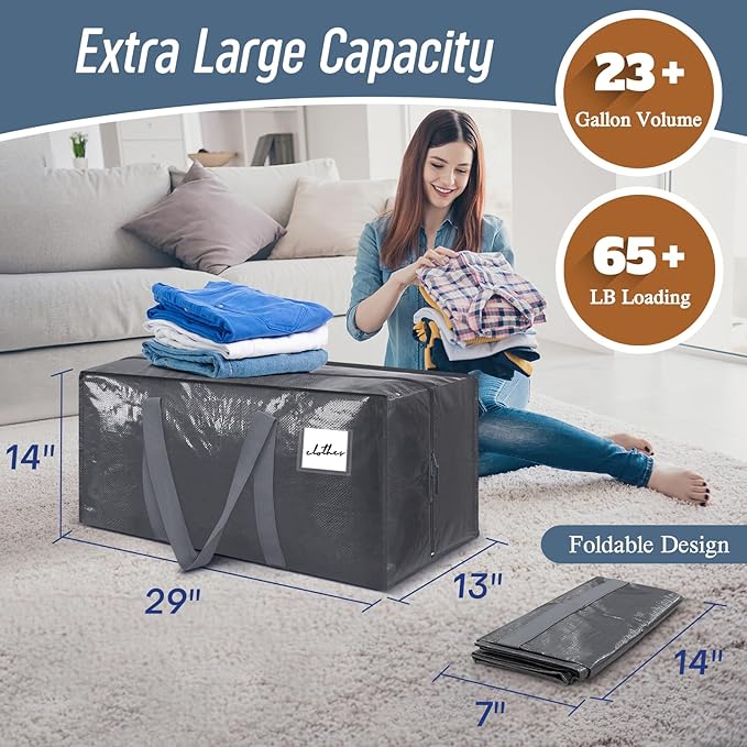 12 Pack Extra Heavy Duty Large Moving Bags with Strong Zipper &amp Comfortable Handles Sturdy &amp Durable Clothes Storage Bags Totes Bins Packing Moving Boxes for College Supplies Gray