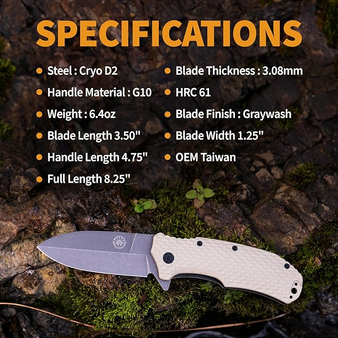 Off-Grid Knives - Rapid Fire Stinger Assisted Spear Point Blade Hard Use Build Tactical Camping &amp Survival EDC Cryo D2 Steel G10 Scales Deep Pocket Carry (Coyote)