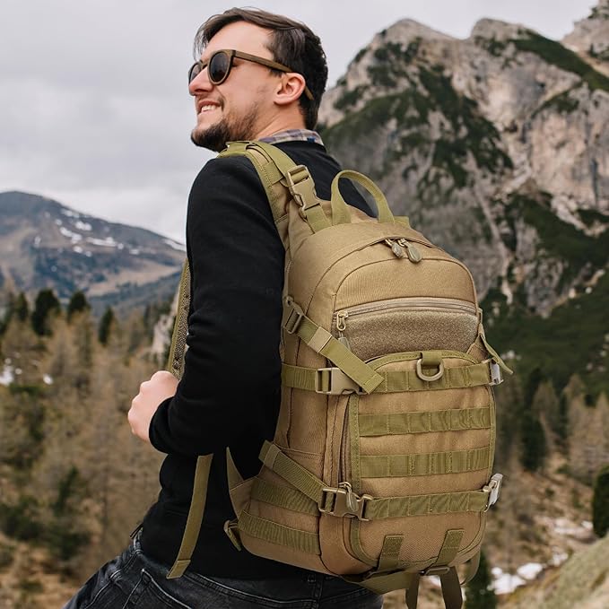 25L Small Tactical Backpack For Men Military Waterproof Backpack With Multiple Pockets 3-Day Bug Out Bag Molle Military Backpacks For Camping Hiking Traveling (Khaki)