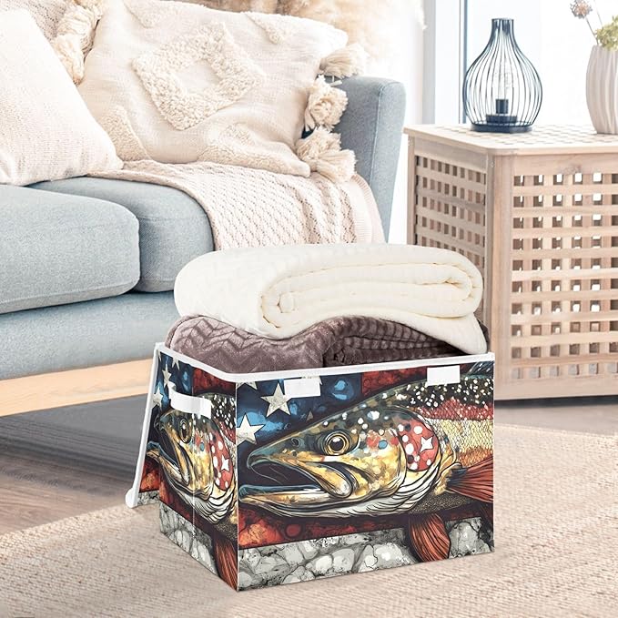 Storage Cube with Lid Trout American Print 16.5×12.6×11.8 IN Collapsible Large Capacity Foldable Storage Basket Bin Organizer