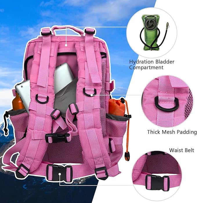 Hannibal Tactical 30L MOLLE Assault Pack Tactical Backpack Military Army Camping Rucksack with Bottle Holder 3-Day Pack Pink