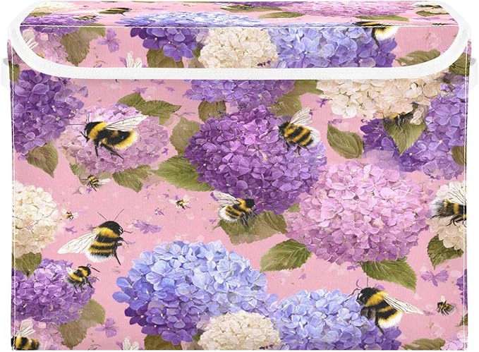 Storage Bins With Lid Stackable Fabric Closet Organizer Clothing Storage Large Boxes For Closet Shelves Bedroom Purple Bees and Hydrangeas