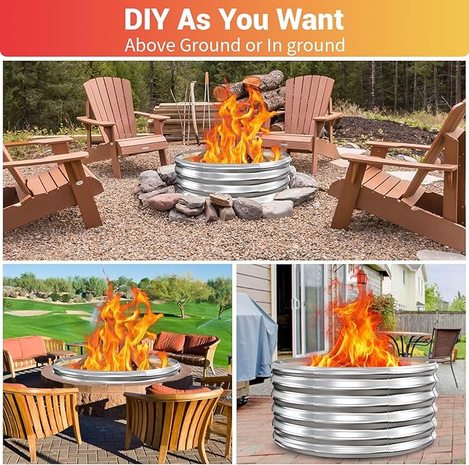 39 Inch Fire Pit Ring for Outside 17'' Tall Heavy Duty FirepitWood Burning DIY In Ground or Above-Ground Outdoor Heavy Duty Galvanized Steel Fire Pits for Backyard Bonfire Patio &amp Camping