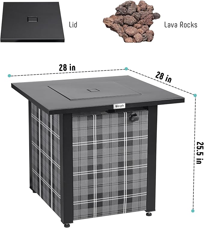 Werph 28 in Propane Fire Pit Table ETL-Certified Fire Table with Lava Rocks for Patio Deck Garden Courtyard 50000 BTU Square Fire Pit Table with Lid Black