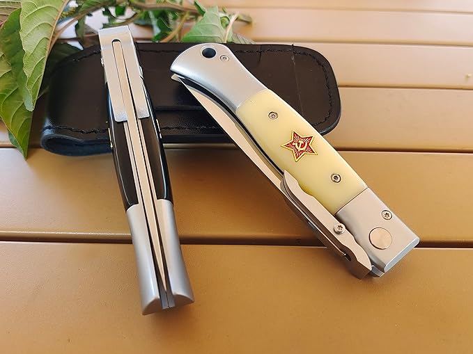 Russian Finka-NKVD KGB Folding Pocket Knife3.74 Mirror Polished X12M Steel BladeAviation Aluminum Inlaid Resin HandleCowhide Sheath (Beige handle)
