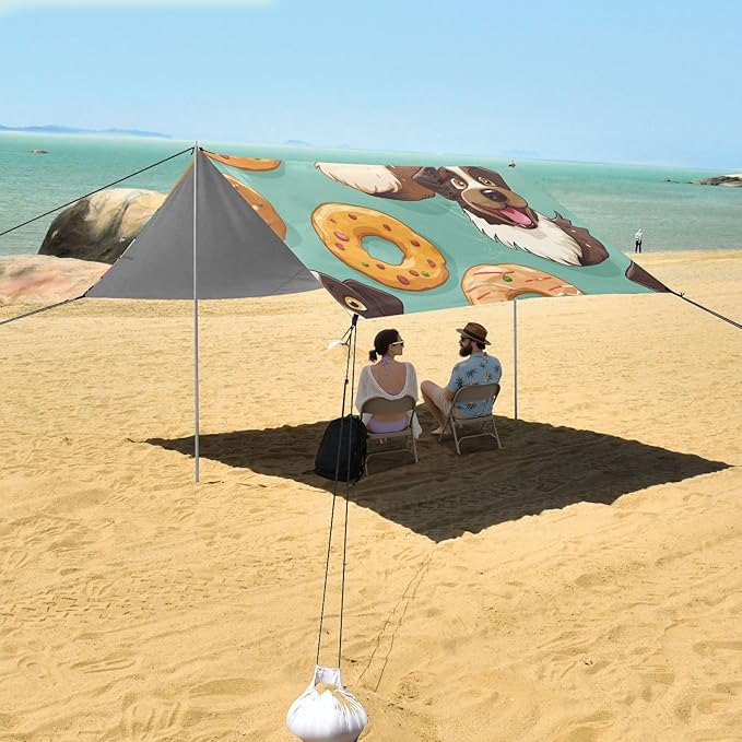 ALAZA Cute Dog Donut Beach Tent Sun Shelter Portable Canopy Sunshade for Outdoor Camping Picnics Backyard Fun 10x9 ft