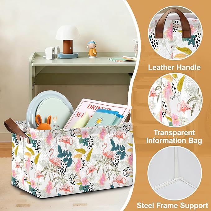 Storage Bin with Handles Forest Pink Flamingo Collapsible Laundry Baskets for Books Laundry - Use in Nursery Closet Organizers and Storage Blanket Basket