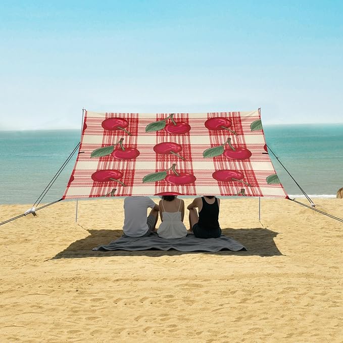 Beach Canopy with Windproof Ropes &amp Sandbags Beach Tent Sun Shade Sun Shelter for Camping Trips Fishing Backyard Fun or Picnics Cherry